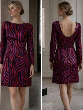 Vintage 80s Stanley Platos Silk Satin Zebra Print Dress Open Back Cocktail XS